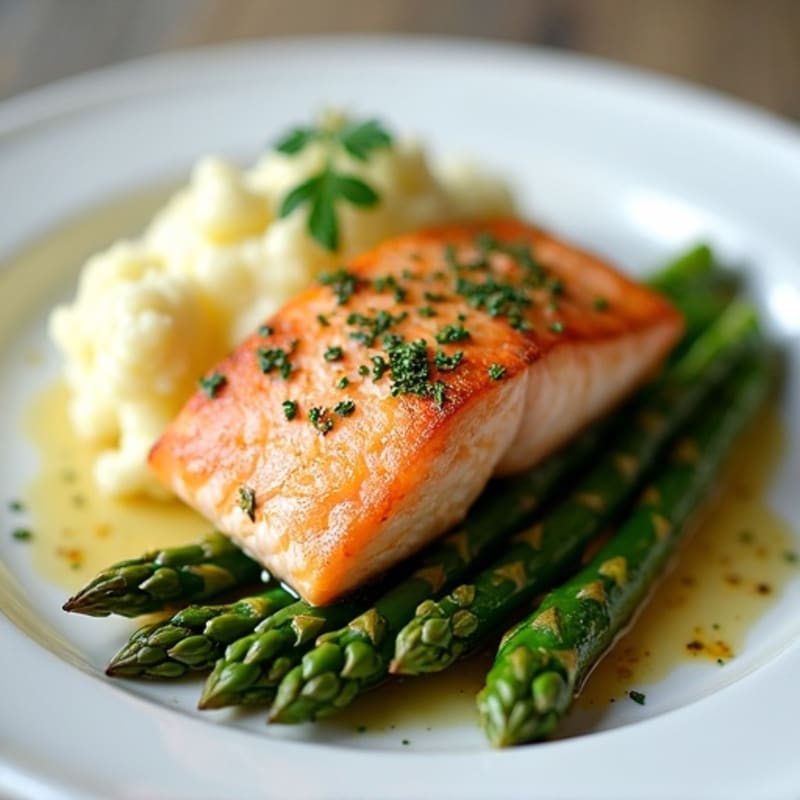 Seared Salmon with Steamed Asparagus and Garlic Mashed Cauliflower