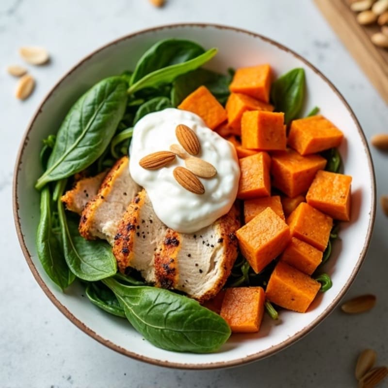 Creamy Chicken and Roasted Sweet Potato Bowl with Crispy Toasted Almonds