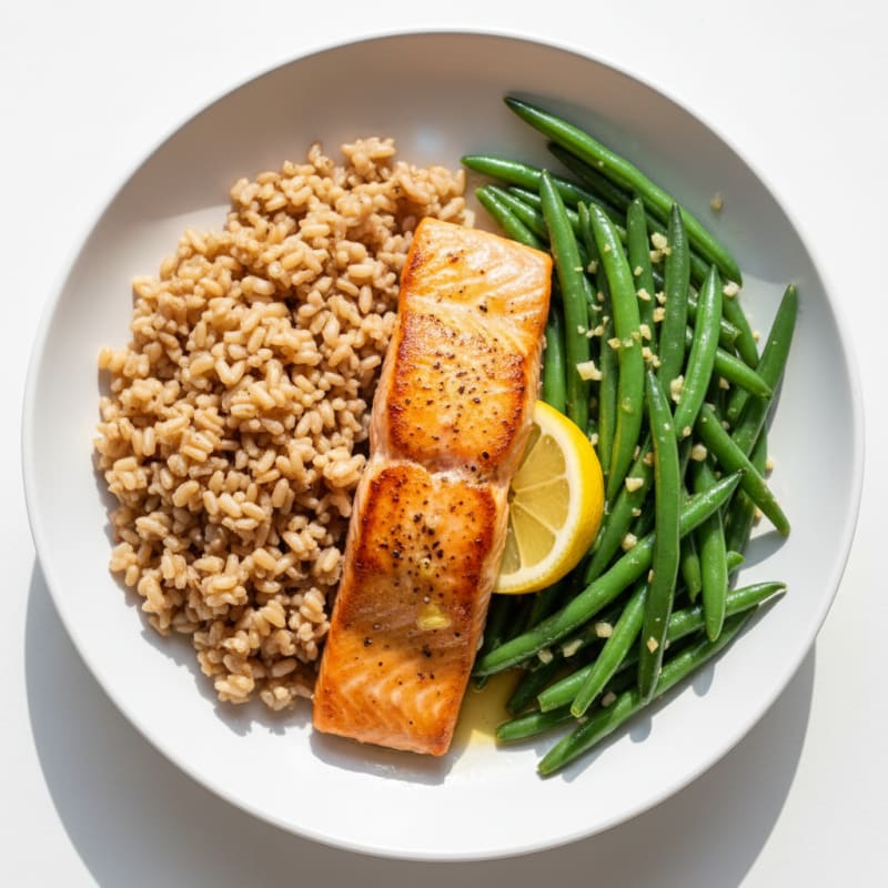 Seared Salmon with Garlic Green Beans and Brown Rice