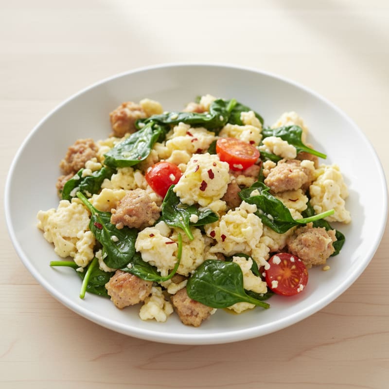 Egg White and Spinach Scramble with Turkey Sausage