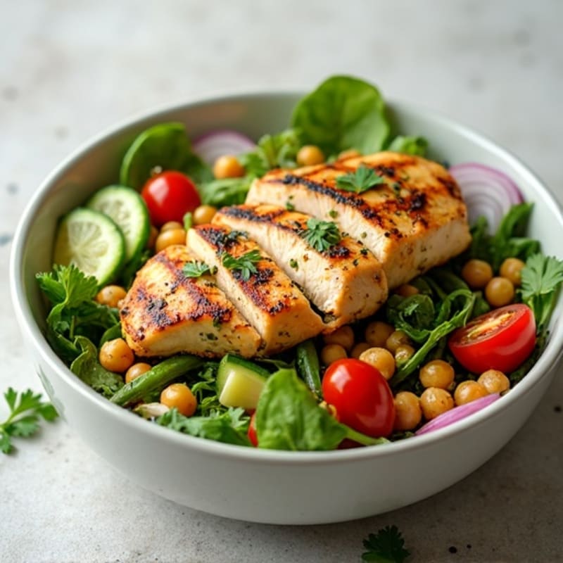Lemon-Herb Grilled Chicken Salad with Crispy Chickpeas and Fresh Vegetables