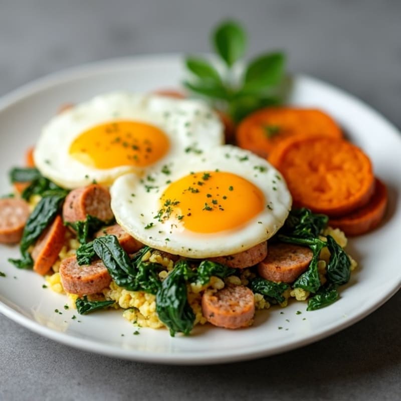 Egg White and Spinach Scramble with Turkey Sausage and Roasted Sweet Potato