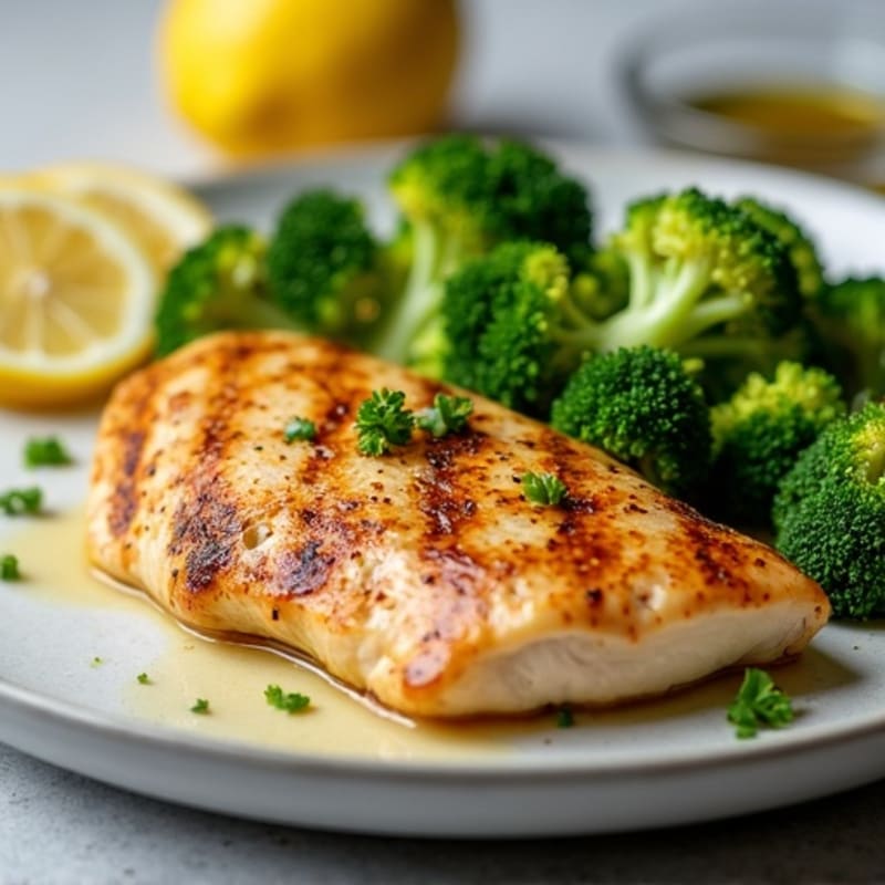Grilled Chicken Breast with Steamed Broccoli and Lemon