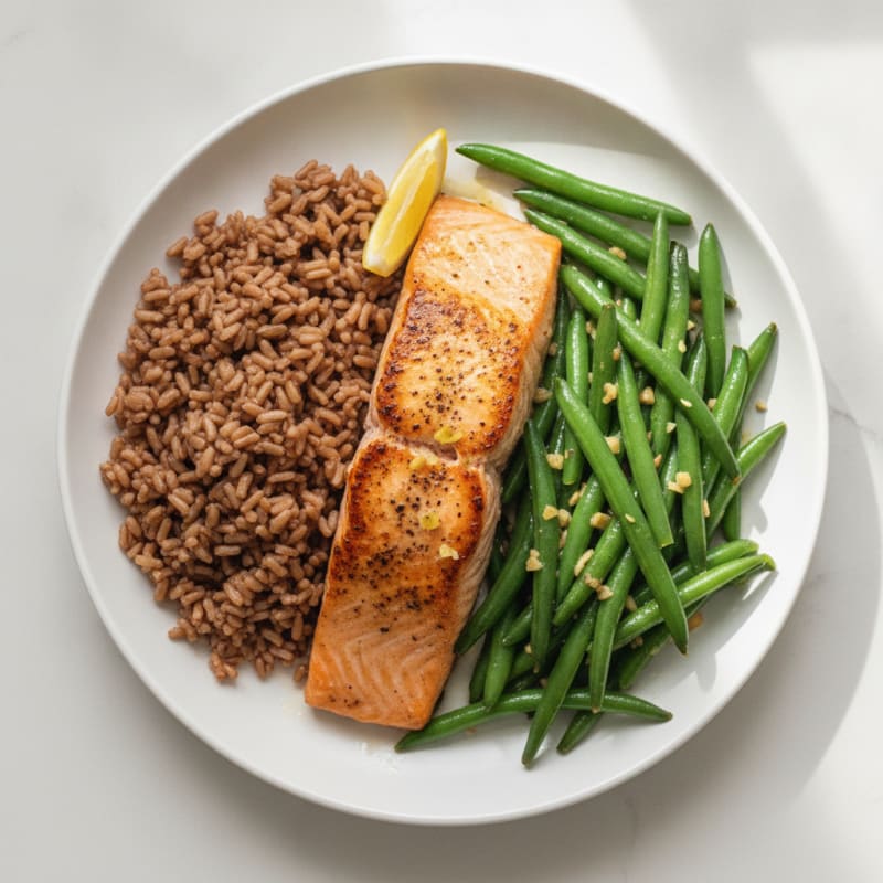 Seared Salmon with Garlic Green Beans and Brown Rice