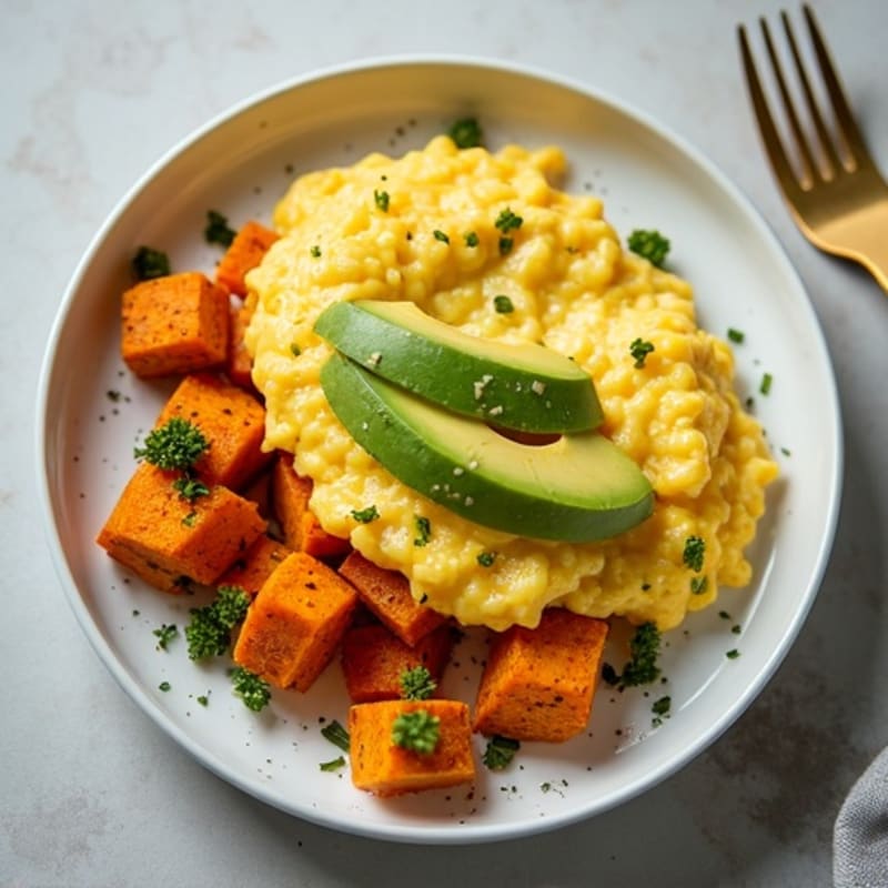 Hearty Scrambled Eggs with Crispy Sweet Potato Hash and Creamy Avocado