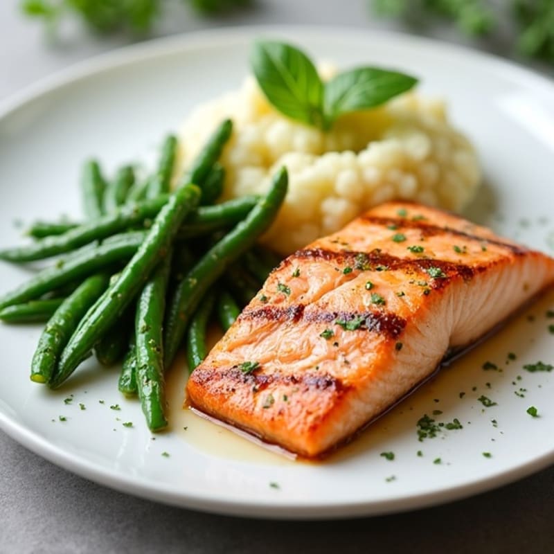 Seared Salmon with Garlic Green Beans and Cauliflower Mash