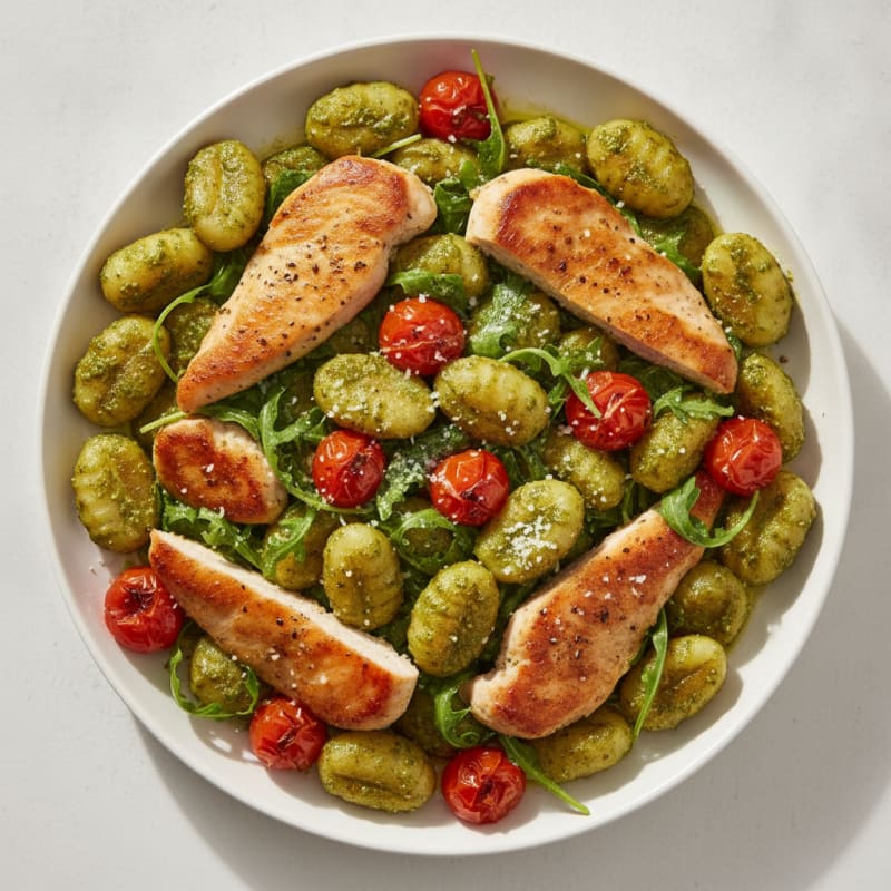 Gnocchi with Arugula Pesto and Cherry Tomatoes