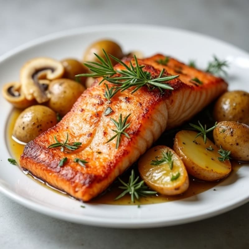 Crispy Roasted Salmon with Herb Potatoes and Sautéed Mushrooms