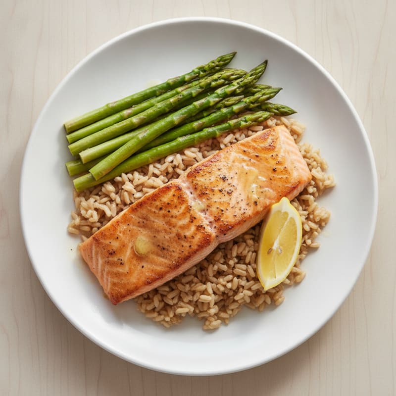 Seared Salmon Fillet with Steamed Asparagus and Brown Rice
