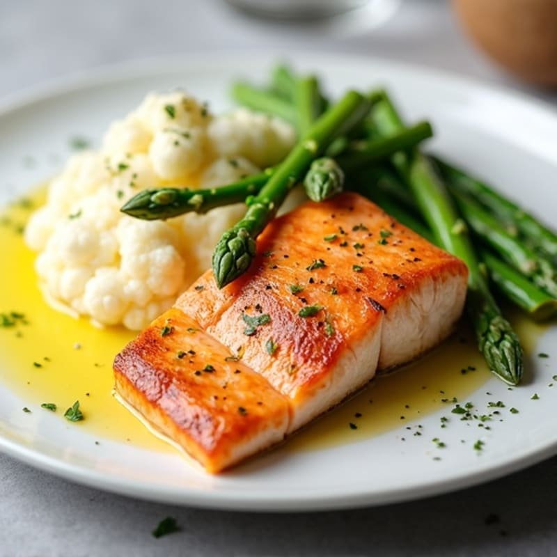 Seared Salmon with Steamed Asparagus and Cauliflower Mash