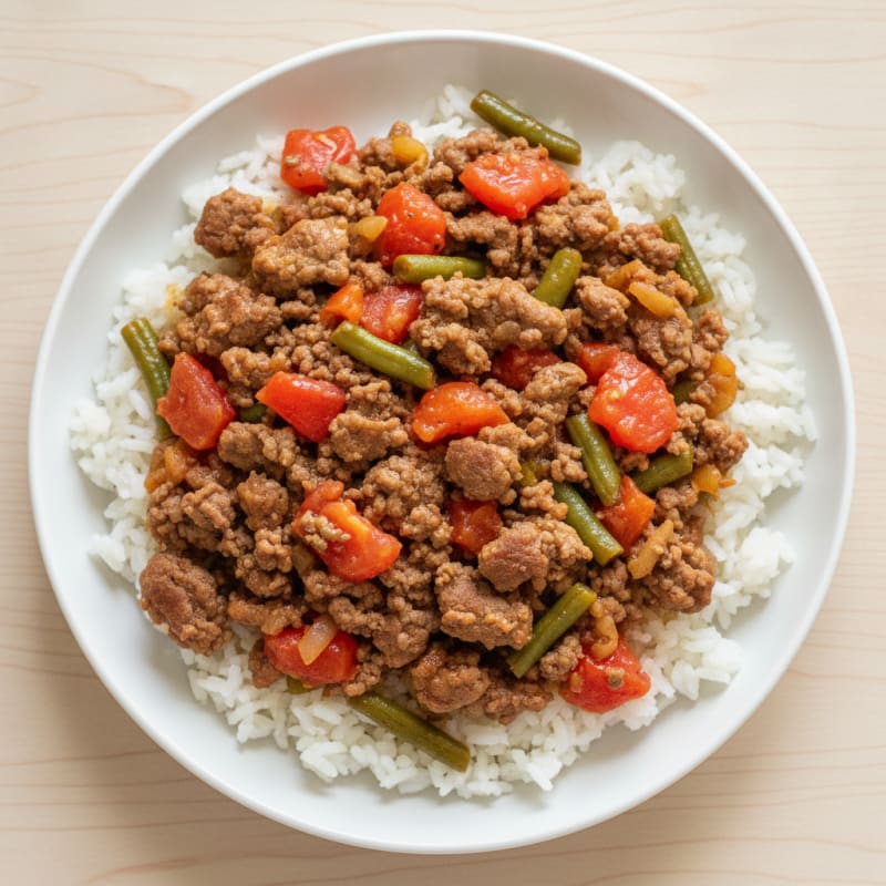 Ground Beef and Tomato Skillet with Steamed Jasmine Rice