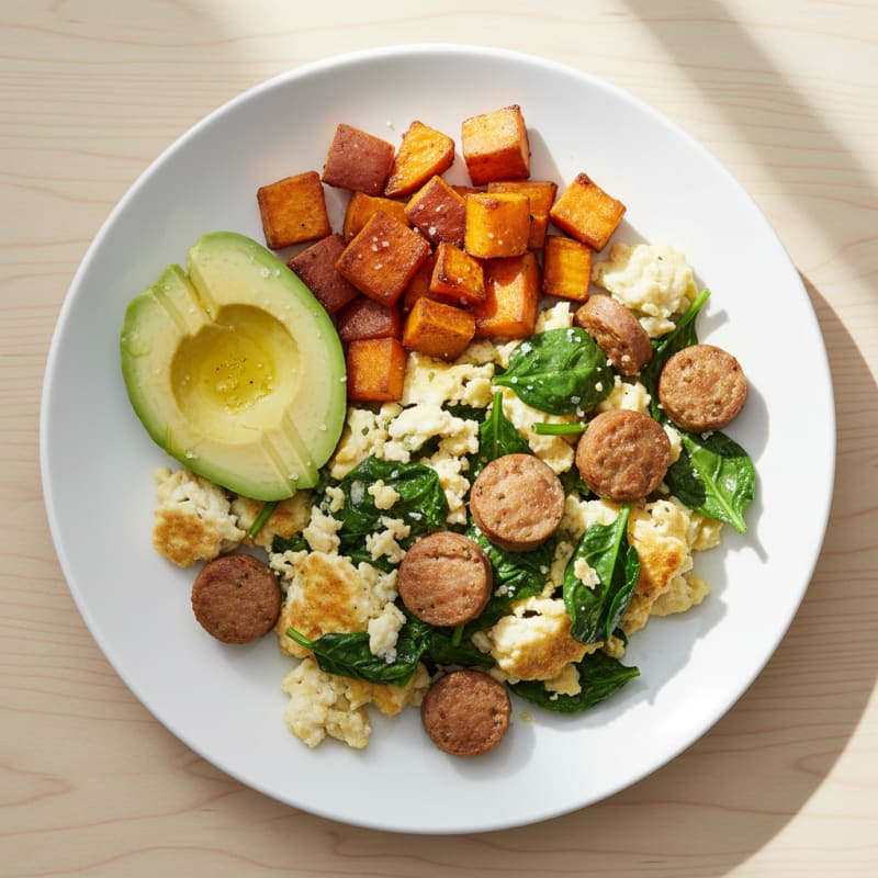 Egg White Scramble with Turkey Sausage and Spinach