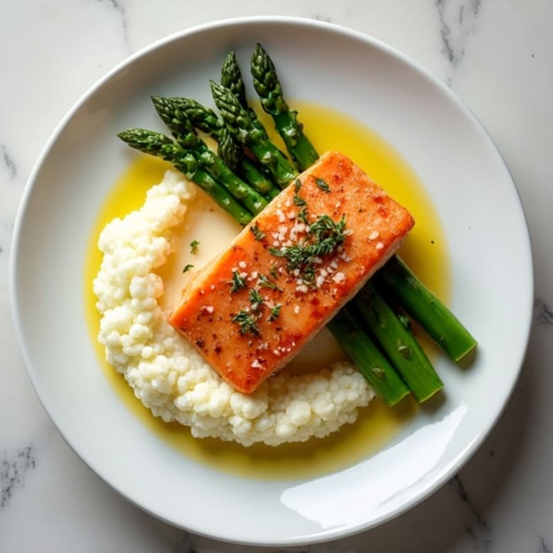 Seared Salmon with Steamed Asparagus and Garlic Cauliflower Mash