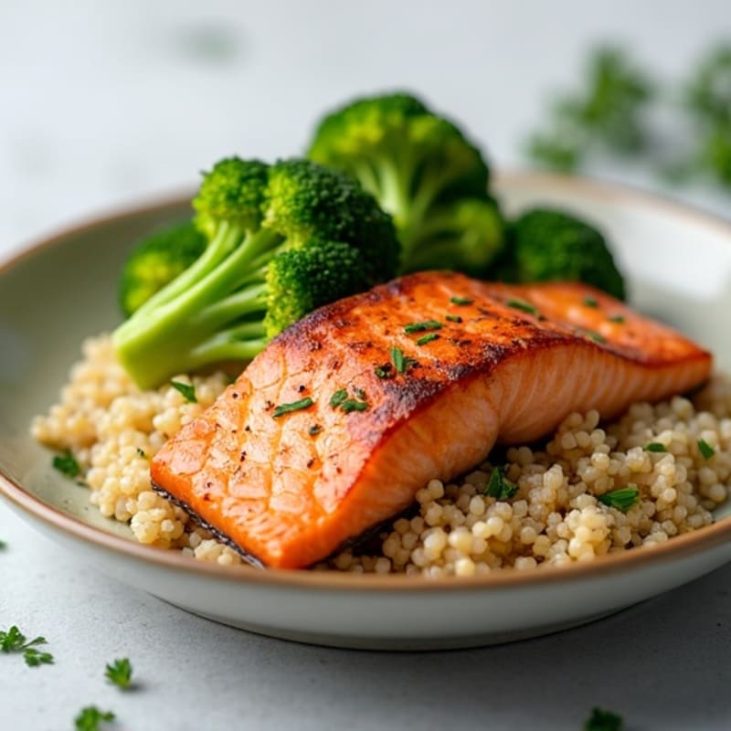 Seared Salmon Fillet with Steamed Broccoli and Quinoa
