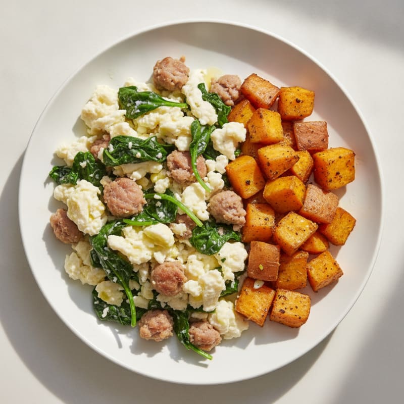 Egg White and Turkey Sausage Scramble with Spinach and Roasted Sweet Potatoes