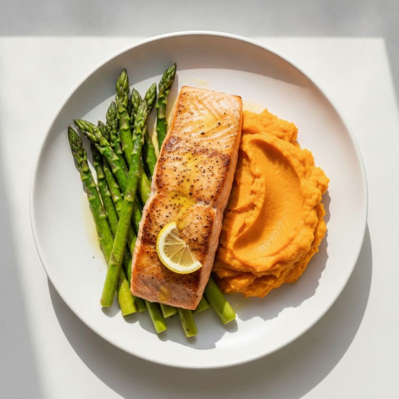 Seared Salmon Fillet with Roasted Asparagus and Sweet Potato Mash