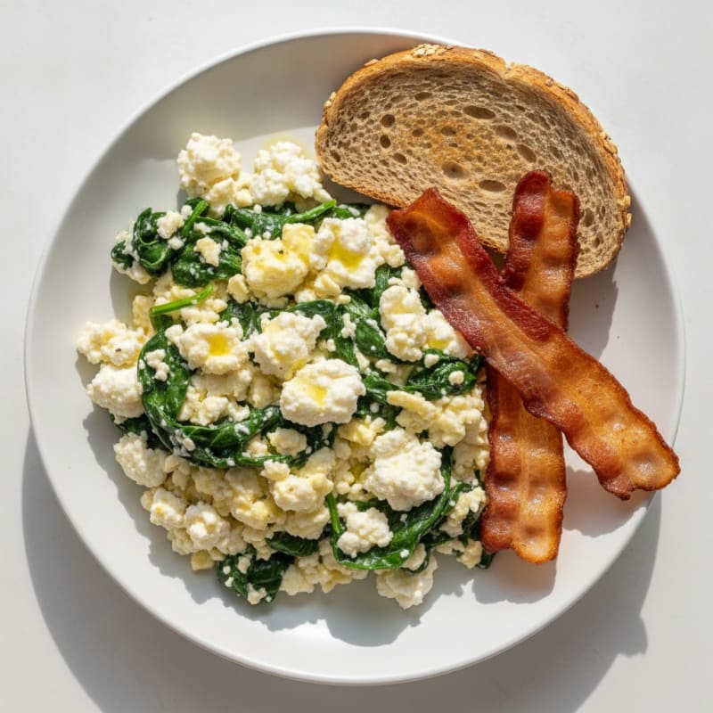 Egg White Spinach Scramble with Cottage Cheese and Turkey Bacon