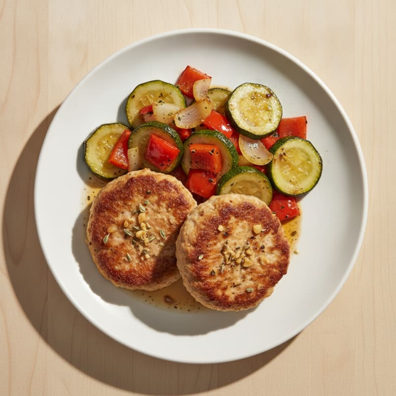Seared Turkey Patties with Roasted Zucchini Medley
