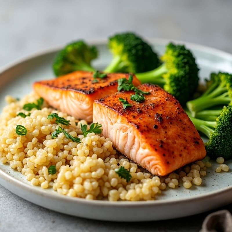 Seared Salmon with Roasted Broccoli and Quinoa