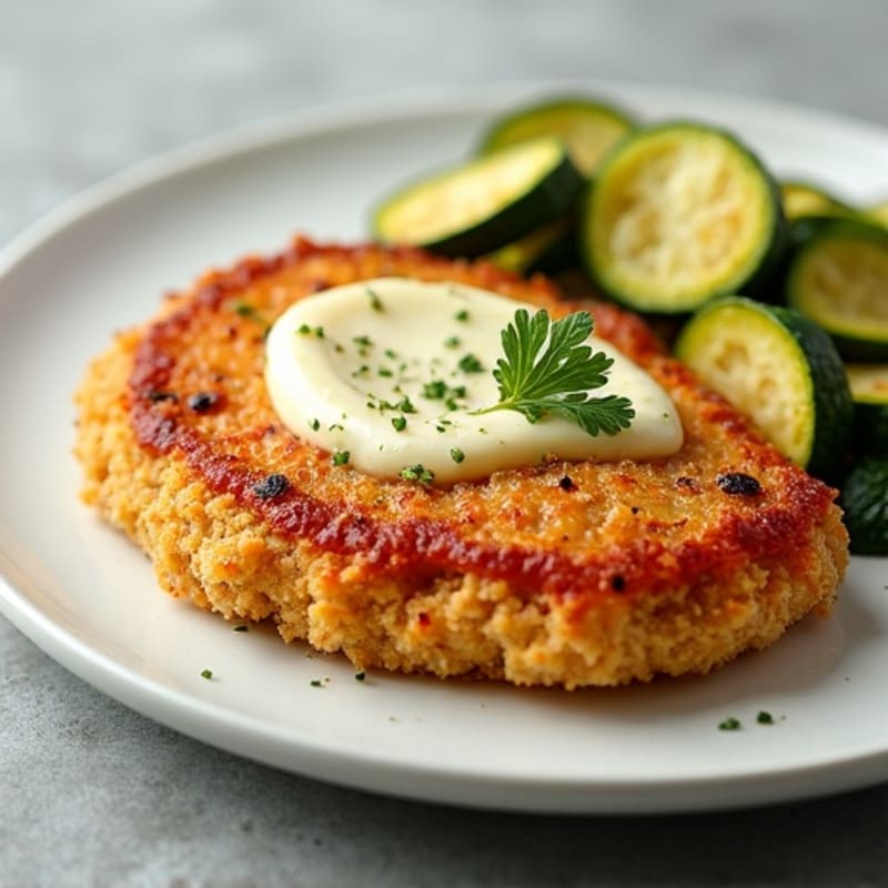 Healthy Crispy Chicken Parmesan with Roasted Garlic Zucchini