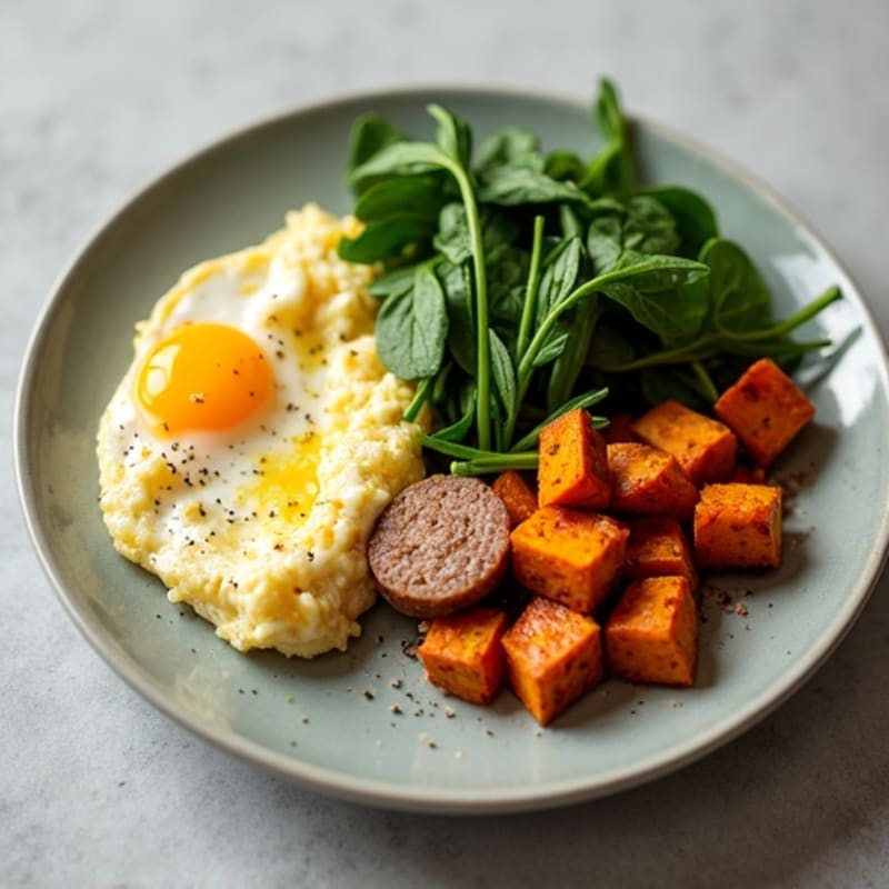 Egg White and Turkey Sausage Scramble with Spinach and Roasted Sweet Potatoes