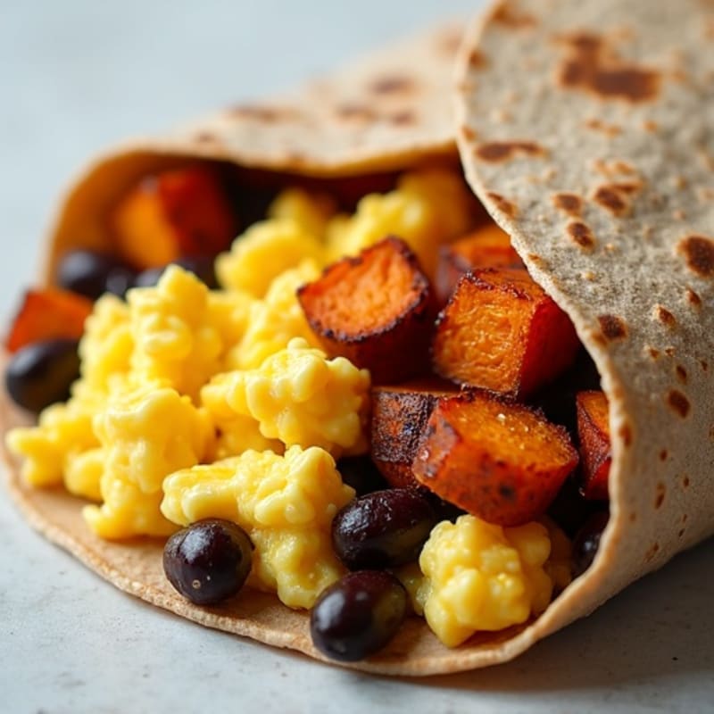 Scrambled Egg, Crispy Sweet Potato, and Black Bean Burrito