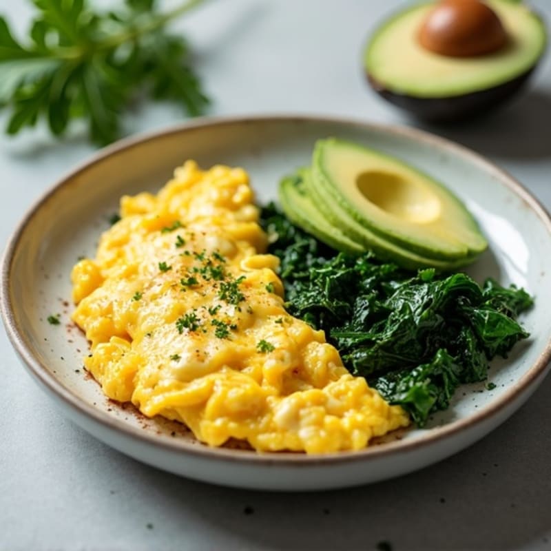 Protein-Packed Scrambled Eggs with Sautéed Greens and Avocado