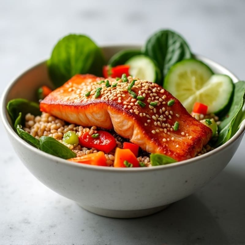 Crispy Sesame-Ginger Salmon and Fresh Vegetable Brown Rice Bowl