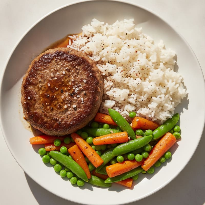 Beef Burger with Rice and Roasted Vegetables