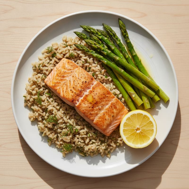Seared Salmon Fillet with Steamed Asparagus and Herbed Brown Rice