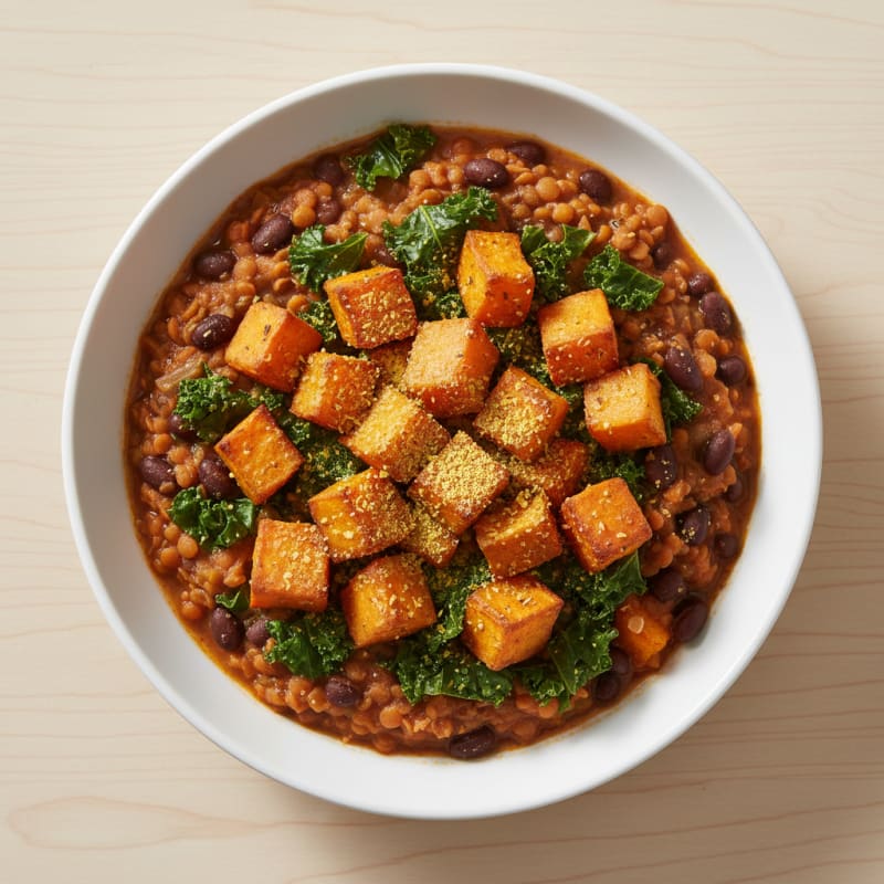 Lentil and Black Bean Stew with Roasted Sweet Potato and Kale