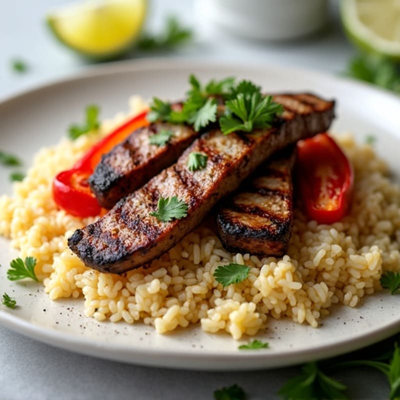 Grilled Beef Strips over Cilantro-Lime Rice with Roasted Peppers