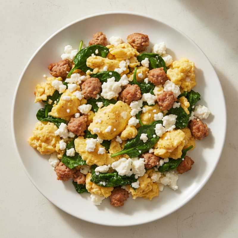 Cottage Cheese Scramble with Turkey Sausage and Spinach