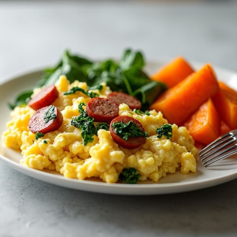 Egg White and Turkey Sausage Scramble with Spinach and Roasted Sweet Potatoes
