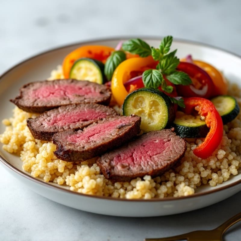 Pan-Seared Angus Thin Slices with Roasted Vegetables and Fluffy Quinoa