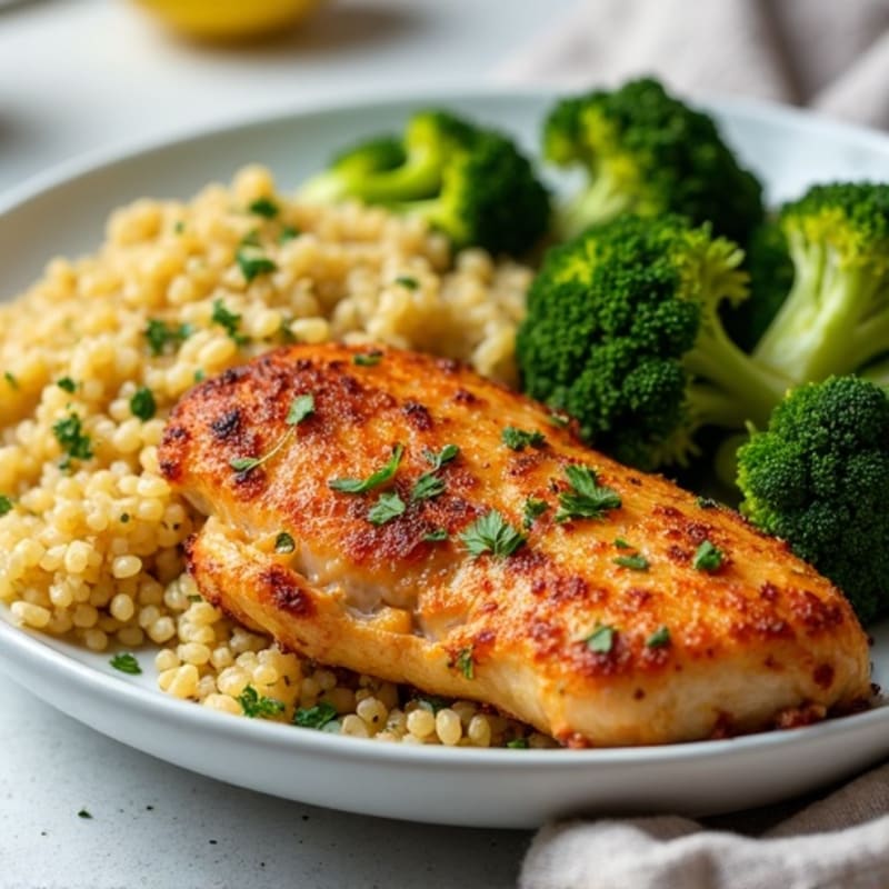 Crispy Lemon Herb Chicken with Roasted Broccoli and Quinoa