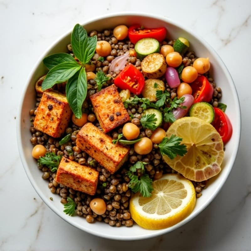 Hearty Lentil and Roasted Vegetable Bowl with Lemon-Herb Dressing