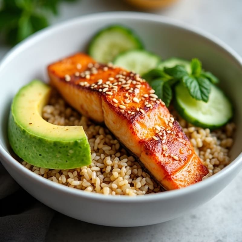Crispy Sesame-Ginger Salmon Brown Rice Bowl with Fresh Cucumber and Creamy Avocado