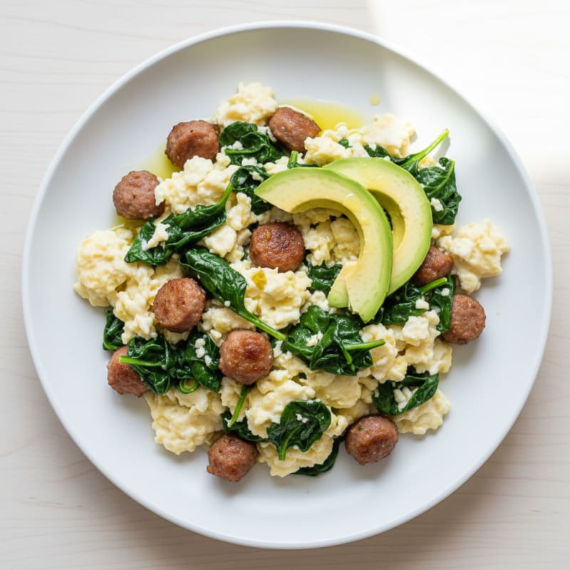 Egg White Scramble with Turkey Sausage and Sautéed Spinach