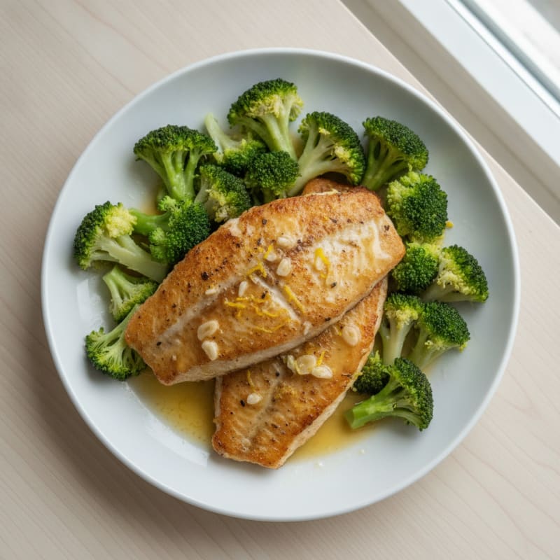 Seared Lemon-Garlic Tilapia with Steamed Broccoli