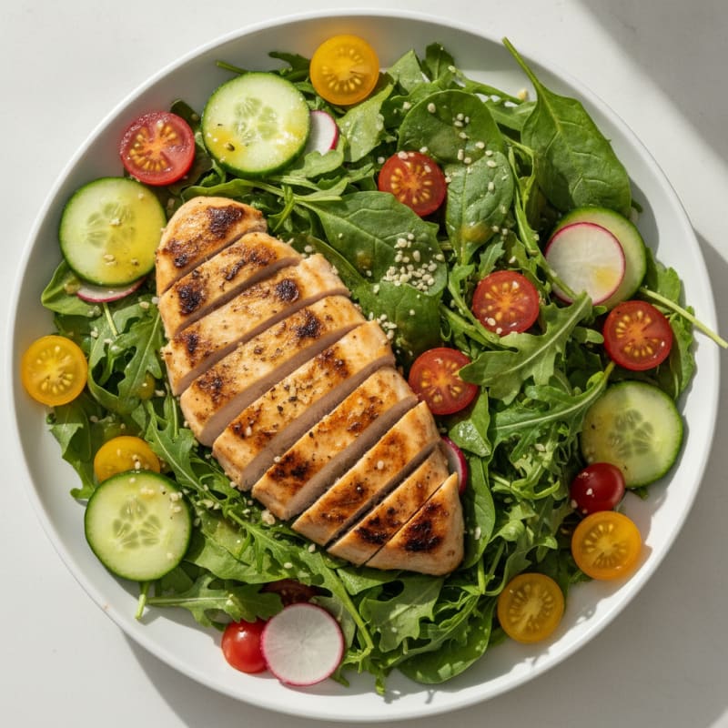 Grilled Chicken Breast Salad with Crunchy Mixed Greens