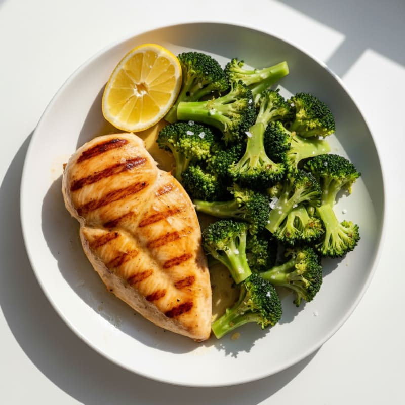 Grilled Chicken Breast with Steamed Broccoli and Lemon