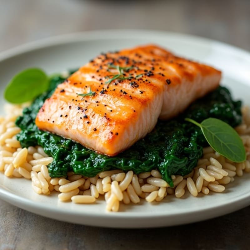 Seared Salmon with Creamy Garlic Spinach and Brown Rice