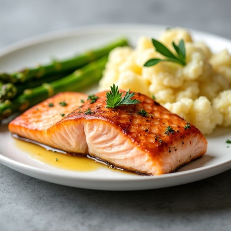 Seared Salmon with Steamed Asparagus and Garlic Mashed Cauliflower