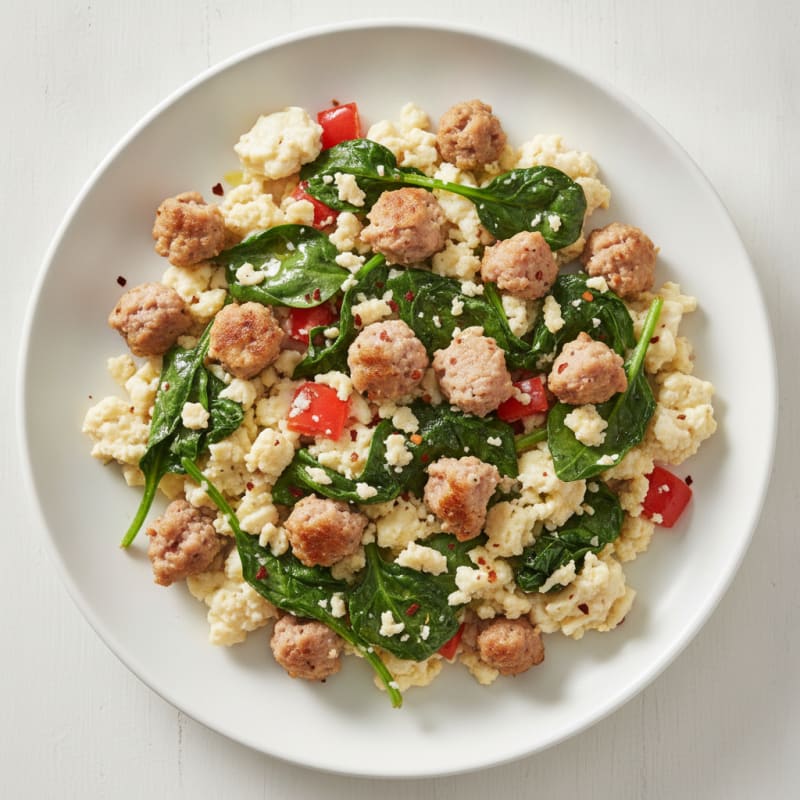 Egg White Scramble with Turkey Sausage and Sautéed Spinach