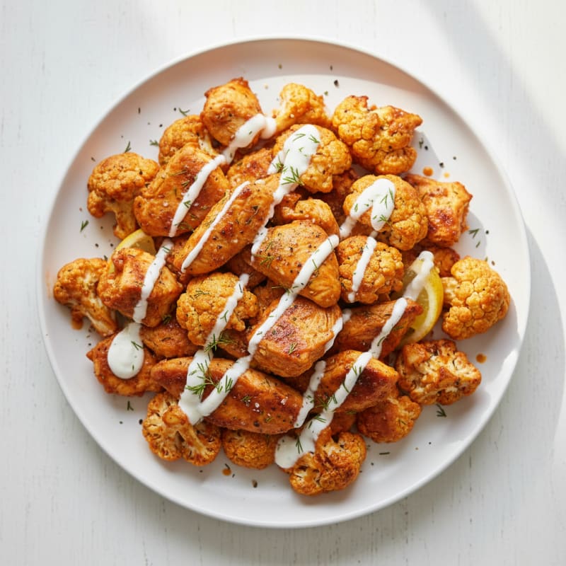Crispy Buffalo Roasted Cauliflower and Chicken Bites