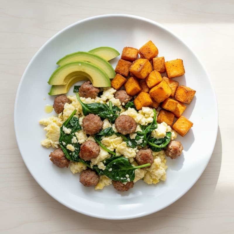 Egg White Scramble with Turkey Sausage and Spinach