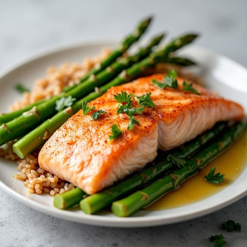 Seared Salmon Fillet with Steamed Asparagus and Brown Rice