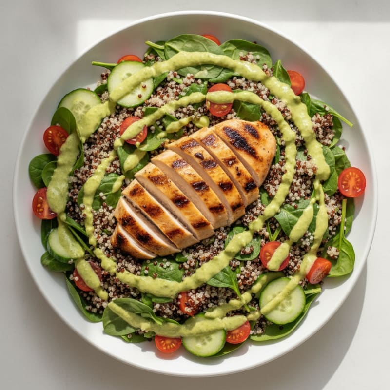 Grilled Chicken Breast and Quinoa Salad with Creamy Avocado Dressing