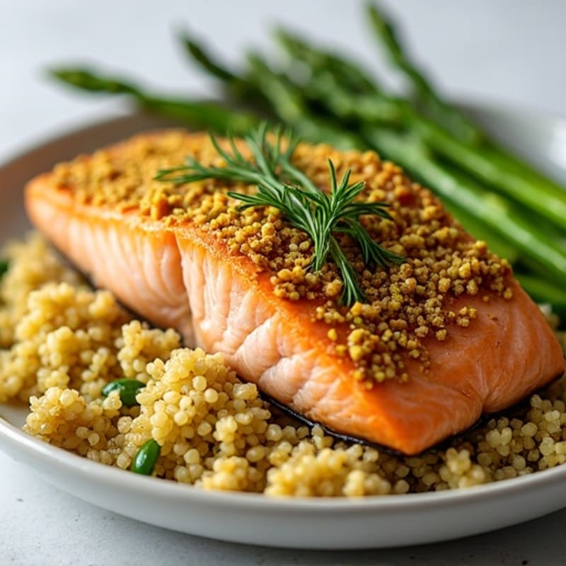 Pistachio-Crusted Salmon with Roasted Asparagus and Lemon-Herb Quinoa